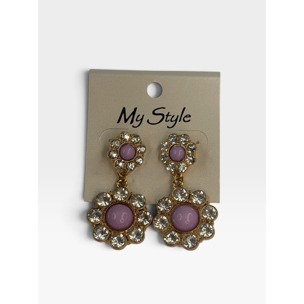 My Style Lavender Purple Flower Rhinestone Gold Tone Drop Statement Earrings